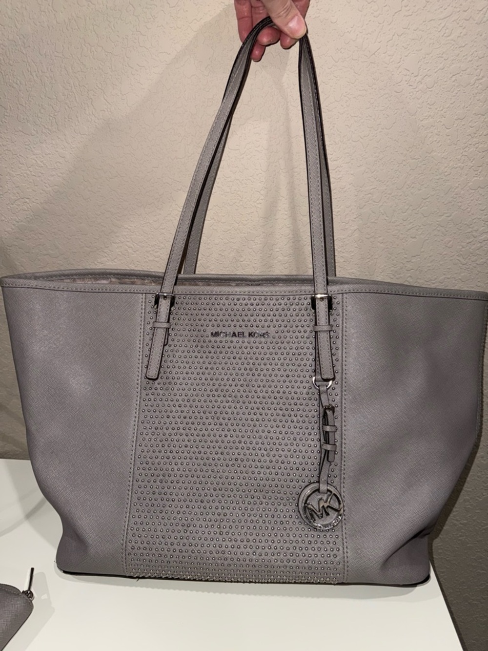 Michael Kors Gray Silver studded tote and matching wallet